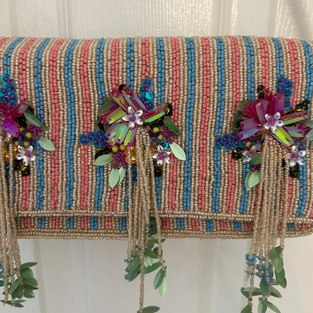 Beaded Stripe Floral Tassel Baguette Shoulder Bag Handcrafted in India NWT